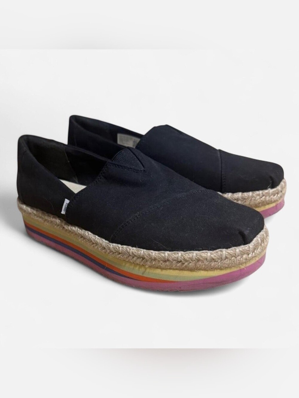 Toms Black Canvas Espadrille Platform with Rainbow Stripe Midsole